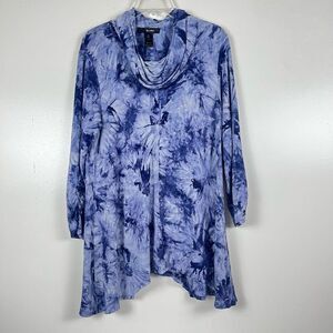 Ali Miles Cowl Neck Swing Tunic Top Medium Rayon Blouse Tie Dye Abstract Blue